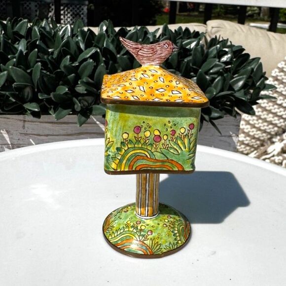Adorable Empress Arts Enamel metal bird house; trinket box top lid 1999 so cute - Picture 3 of 6